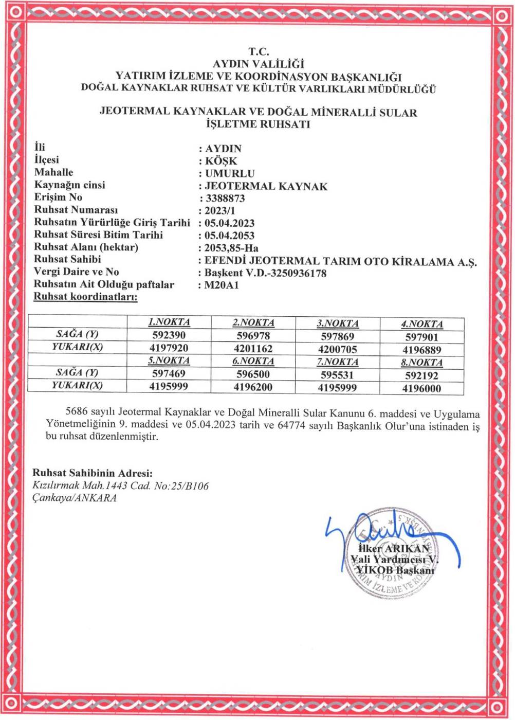 Köşk İşletme Ruhsatı