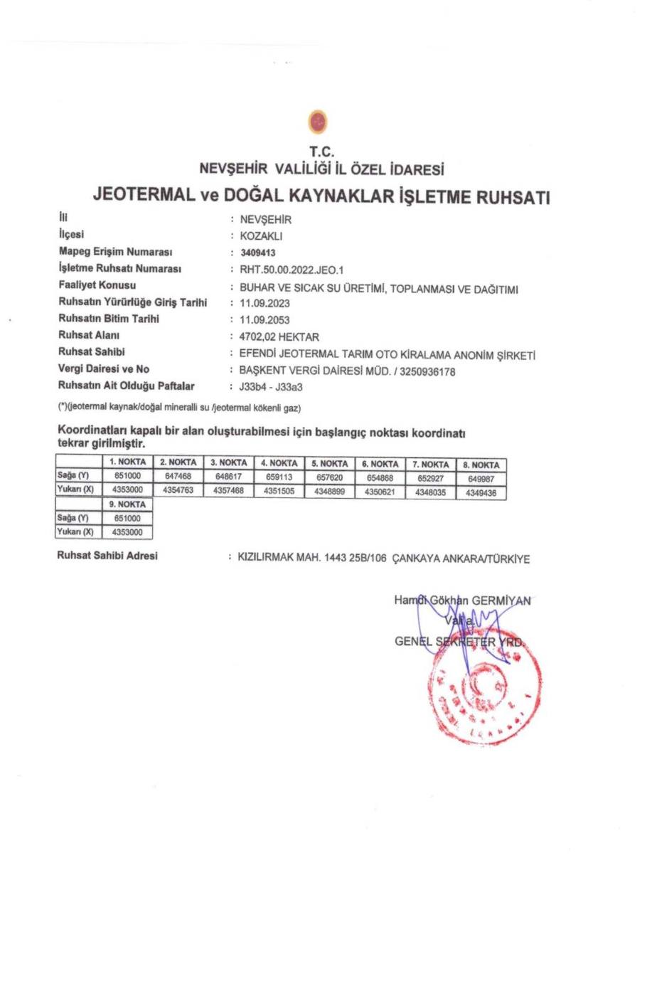 Kozaklı İşletme Ruhsatı